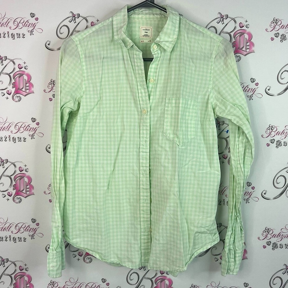 GAP button down gingham picnic Light Green Checkered Casual Shirt